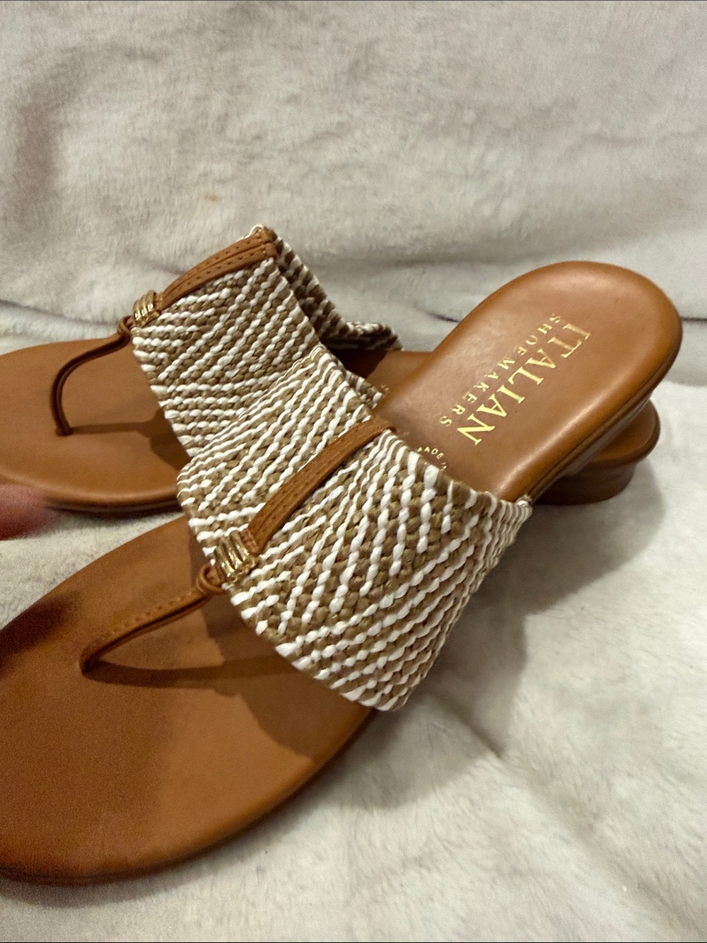 Italian Shoemakers Brown and White Woven Toe-Post Slide Sandals